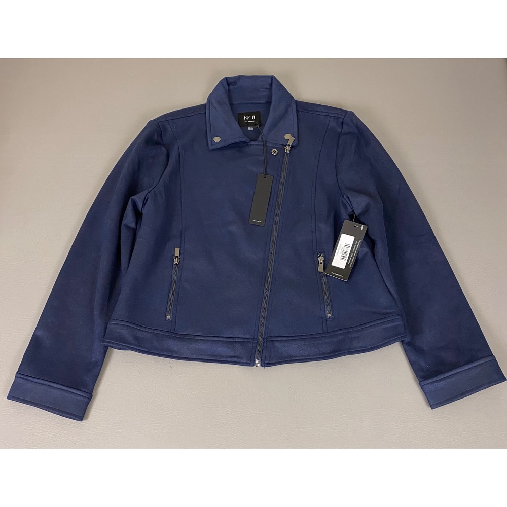 No. 11 Los Angeles Moto Jacket Women's Size Large Navy Blue Faux Suede New NWT